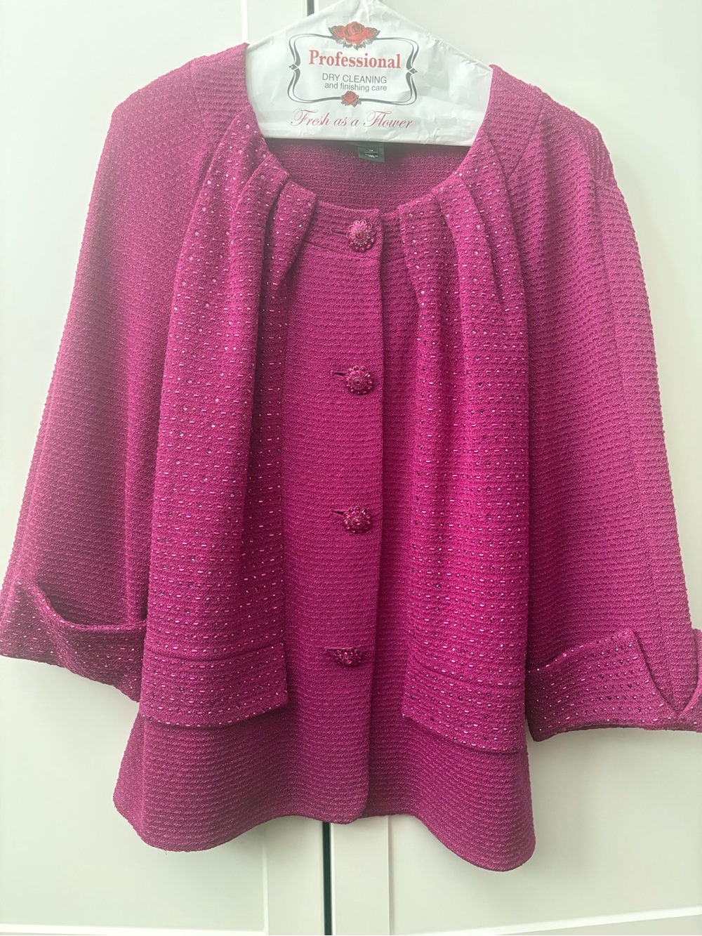 St. John Fuchsia Textured Knit Swing Jacket and skirt suit